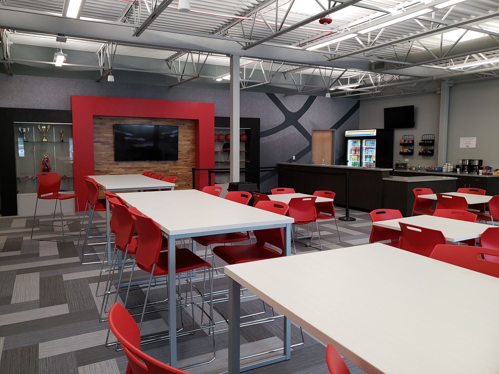 Commercial break room interior with finished electrical